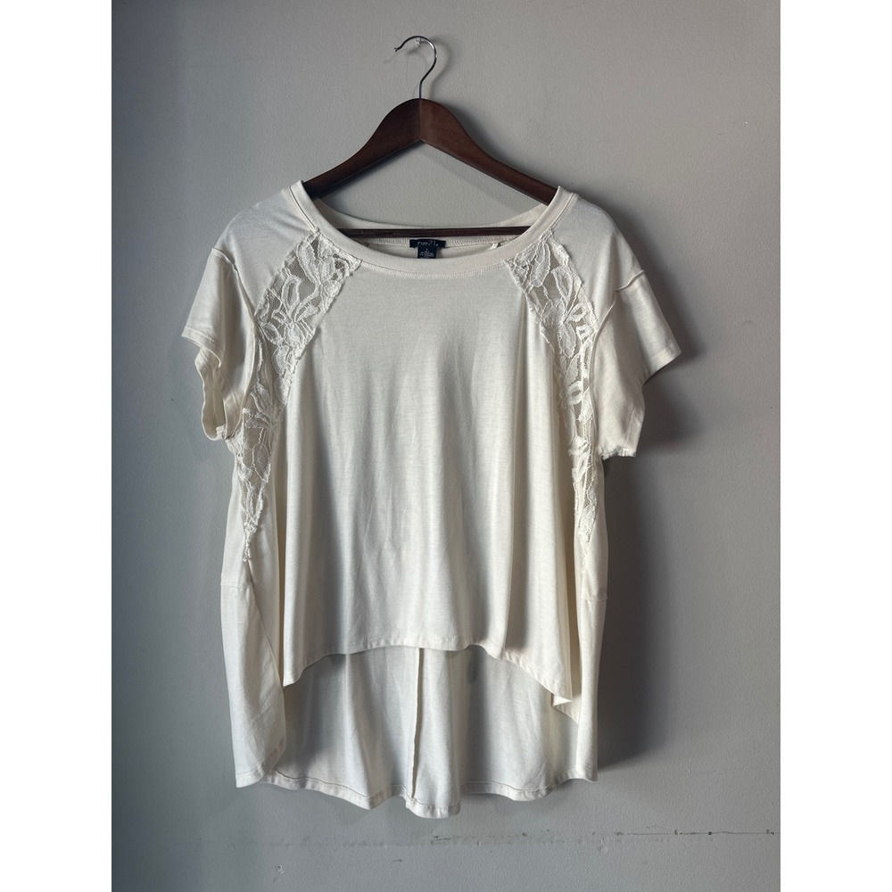 Cream Lace Back High Low Short Sleeve Top Large Boho Romantic